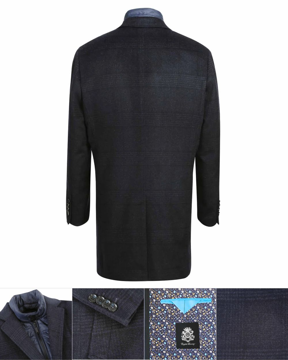 A dark blue men's jacket shown from the back, with four detail inset images along the bottom showing the collar, interior lining, zipper, and pocket.