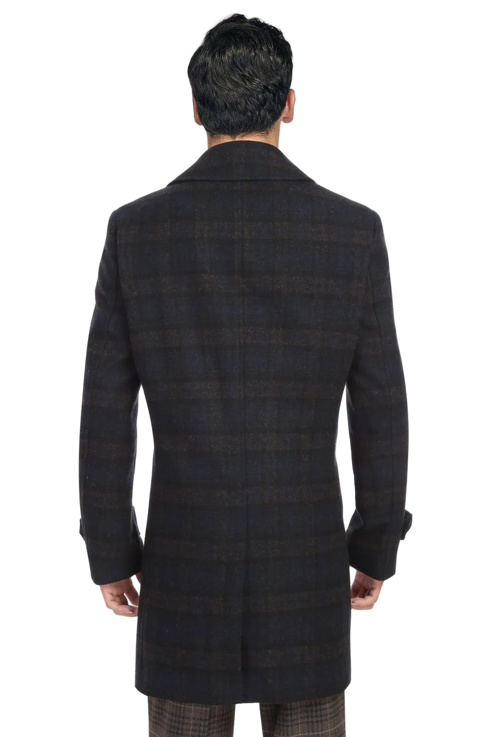 Man wearing a dark plaid overcoat from behind on a white background