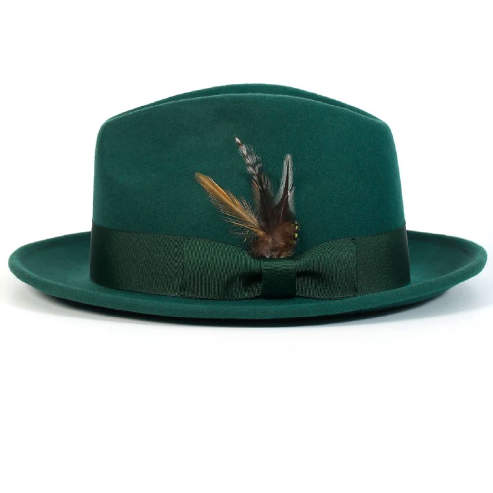 Wool Felt Fedora Pinch Front with Feather Accent in Emerald