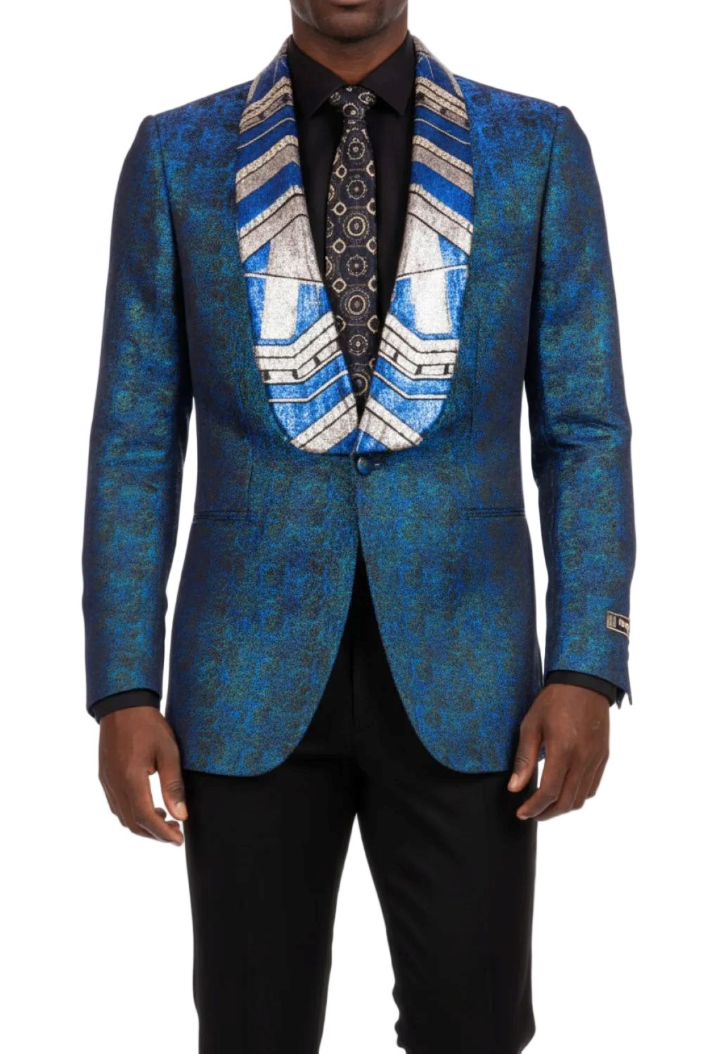 Blue patterned blazer worn by a person on a white background