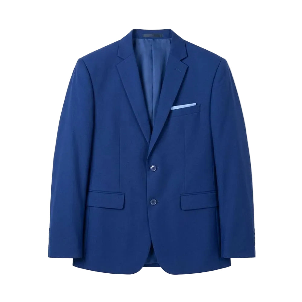 A royal blue tailored blazer jacket with notch lapels, two front buttons, flap pockets, and a light blue pocket square, displayed against a clean white background.