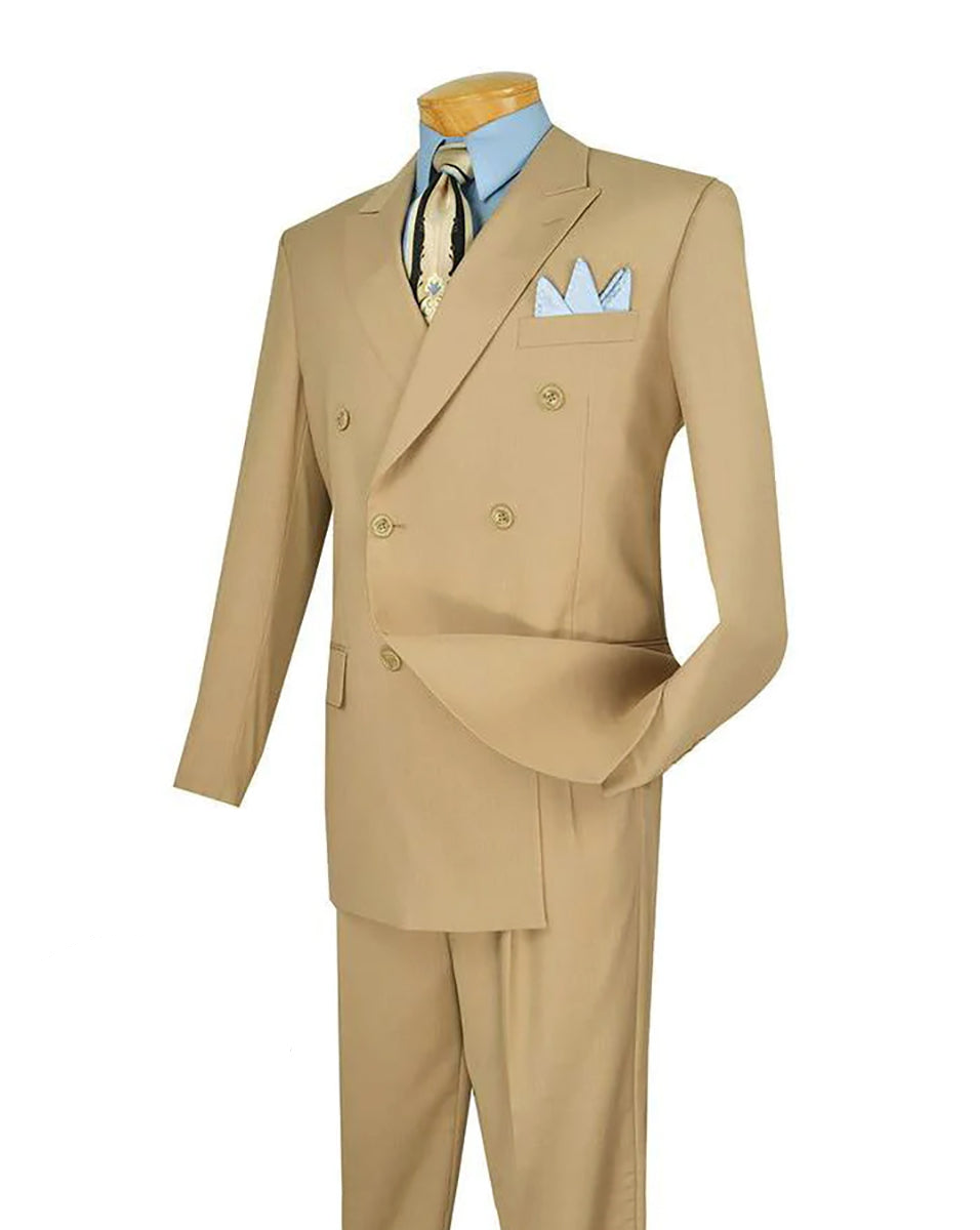 Ramses Collection - Beige Regular Fit Double Breasted 2 Piece Suit with Flexible Elastic Waistband