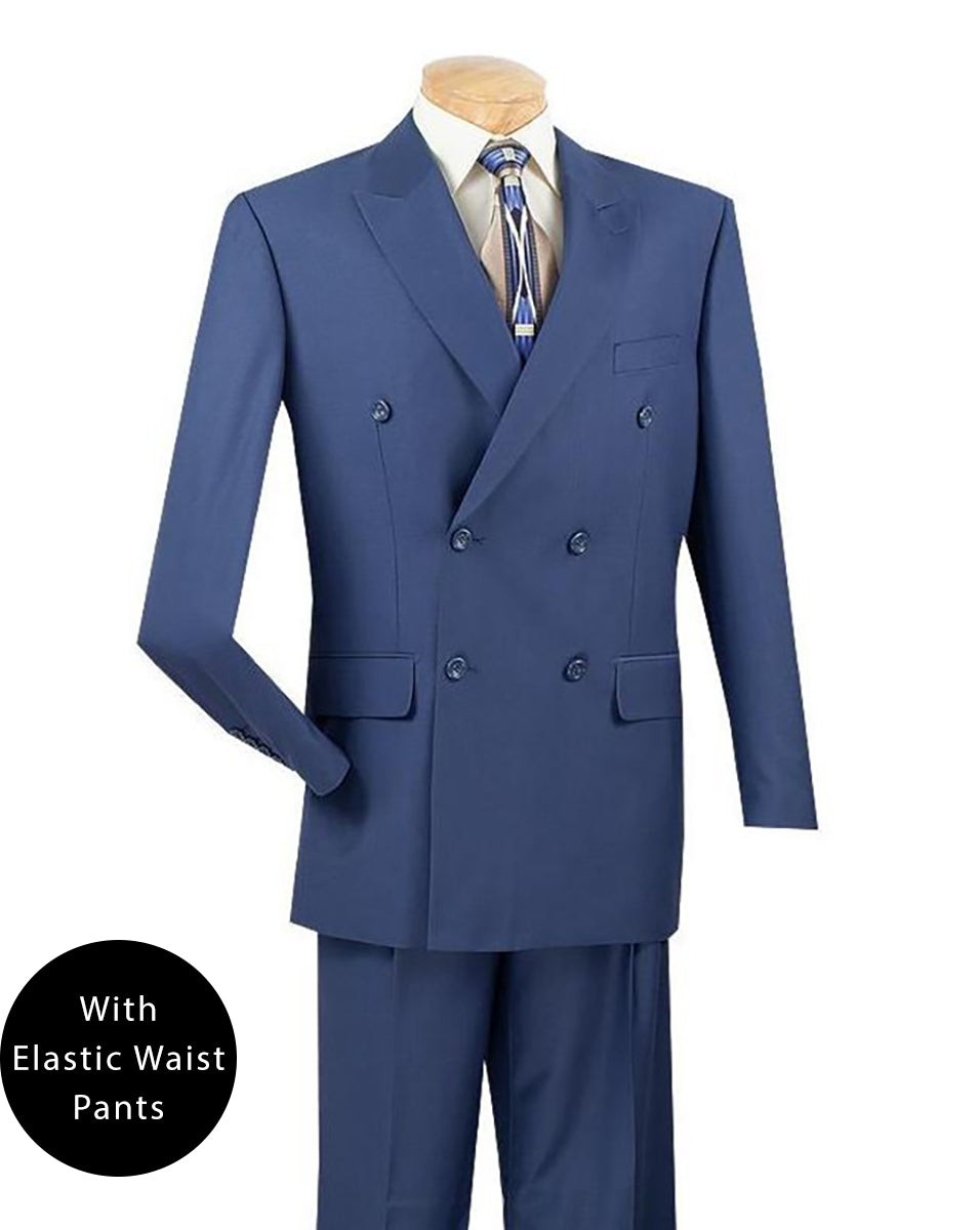 Blue Regular Fit Double Breasted 2 Piece Suit with Flexible Elastic Waistband