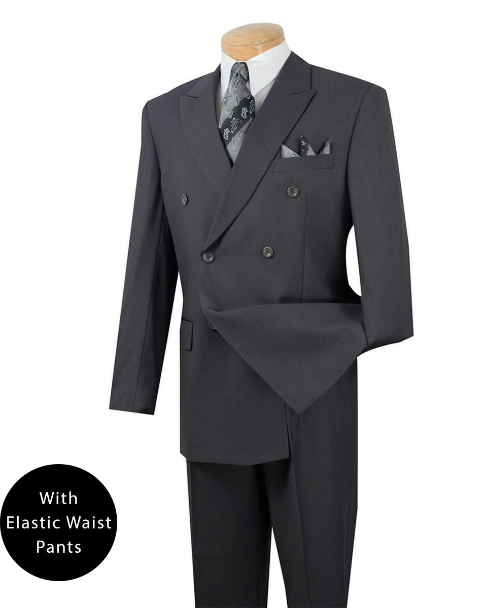 Dark Heather Gray Regular Fit Double Breasted 2 Piece Suit with Flexible Elastic Waistband