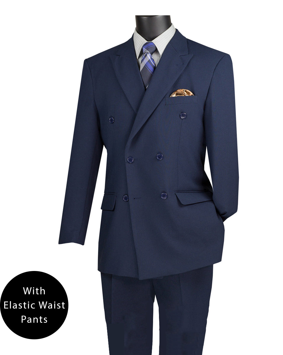 Navy Regular Fit Double Breasted 2 Piece Suit with Flexible Elastic Waistband