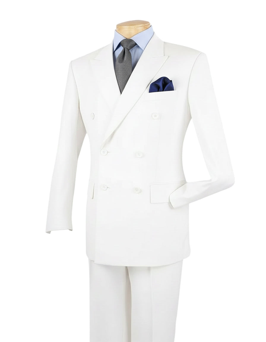 Solid white Vinci Ramses Collection Double Breasted jacket, showing collar, buttons, sleeve, and an accompanying necktie.