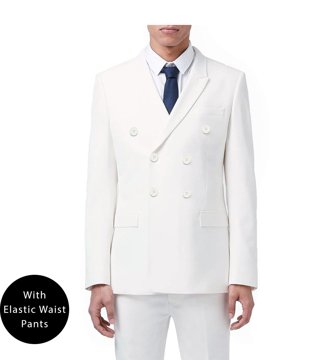 White Regular Fit Double Breasted 2 Piece Suit with Flexible Elastic Waistband