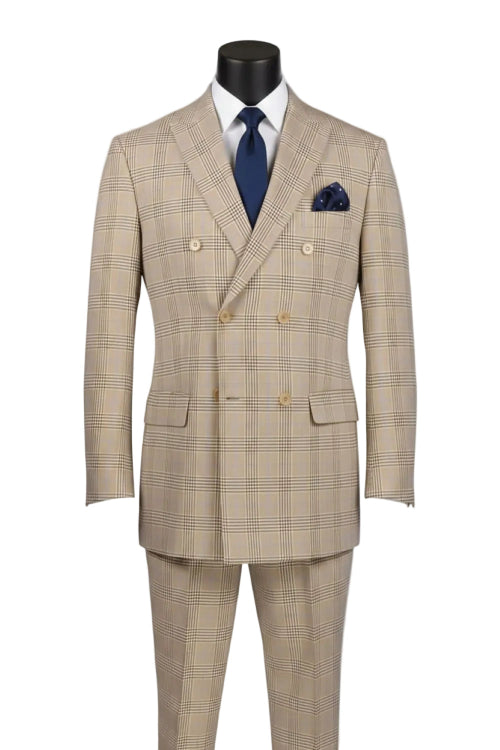 Beige regular fit 2 piece men's double breasted glen plaid suit