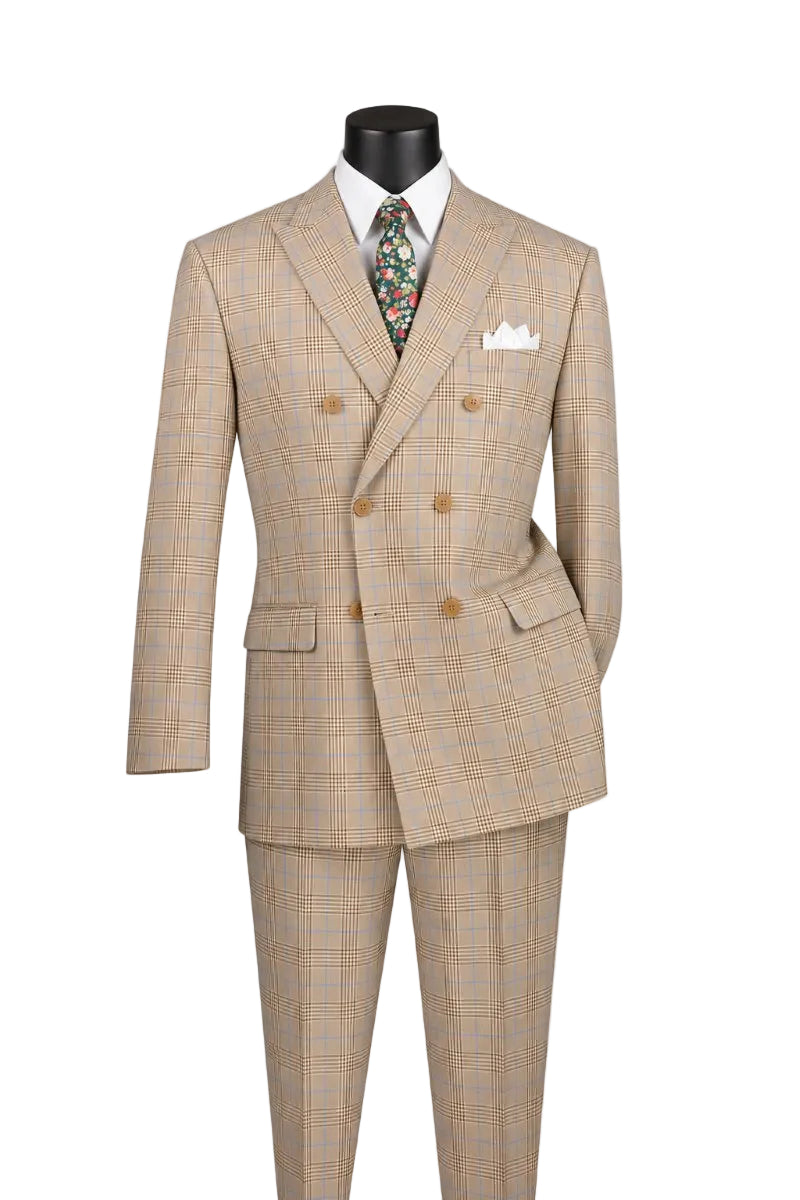 Alexander Collection - Regular Fit Beige Glen Plaid Double Breasted 2-Piece Suit