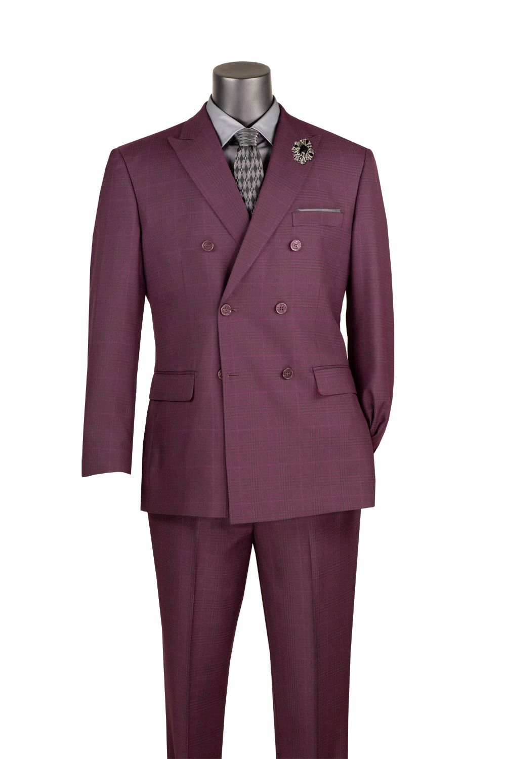 Solid Alexander Collection Men's Regular Fit Burgundy Double Breasted jacket with tie, collar, buttons, pockets.