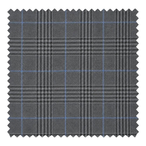 A square fabric swatch with serrated edges showing a dark gray and black plaid pattern with thin blue intersecting lines, isolated on a white background.