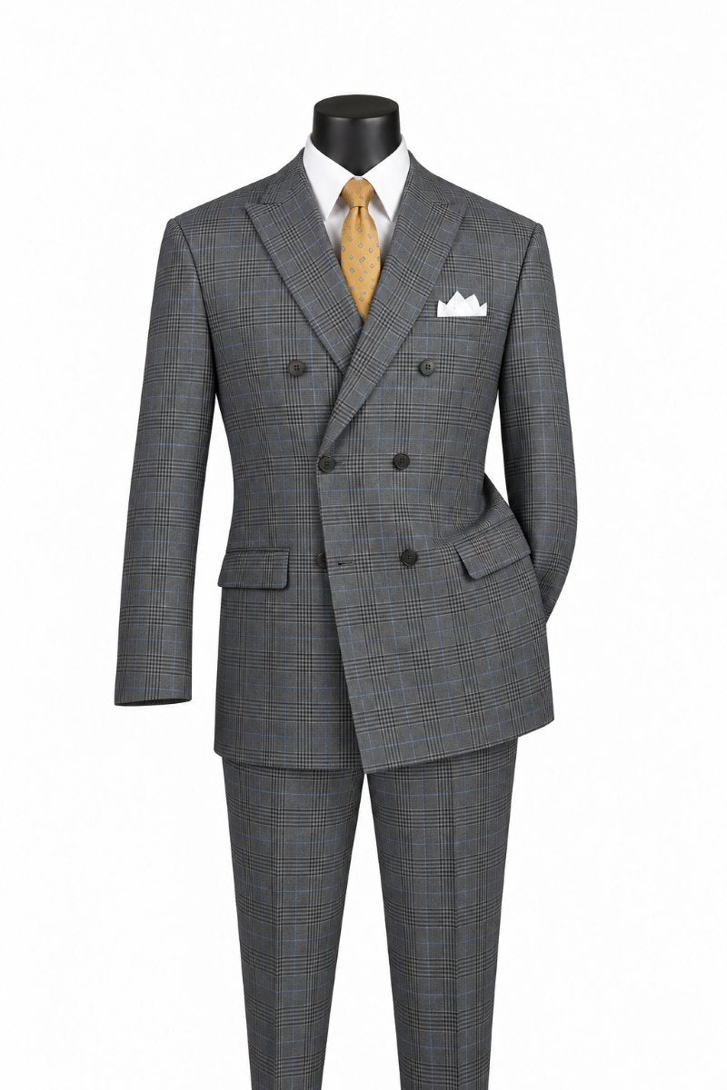 Alexander Collection - Regular Fit Charcoal Glen Plaid Double Breasted 2-Piece Suit