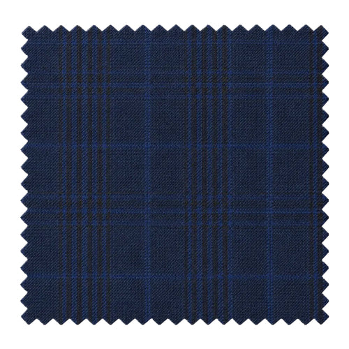 A square fabric swatch with serrated edges showing a dark navy blue plaid pattern with thin blue and black intersecting lines, isolated on a white background.