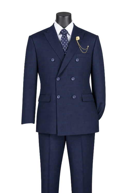 Alexander Collection - Regular Fit Navy Glen Plaid Double Breasted 2-Piece Suit