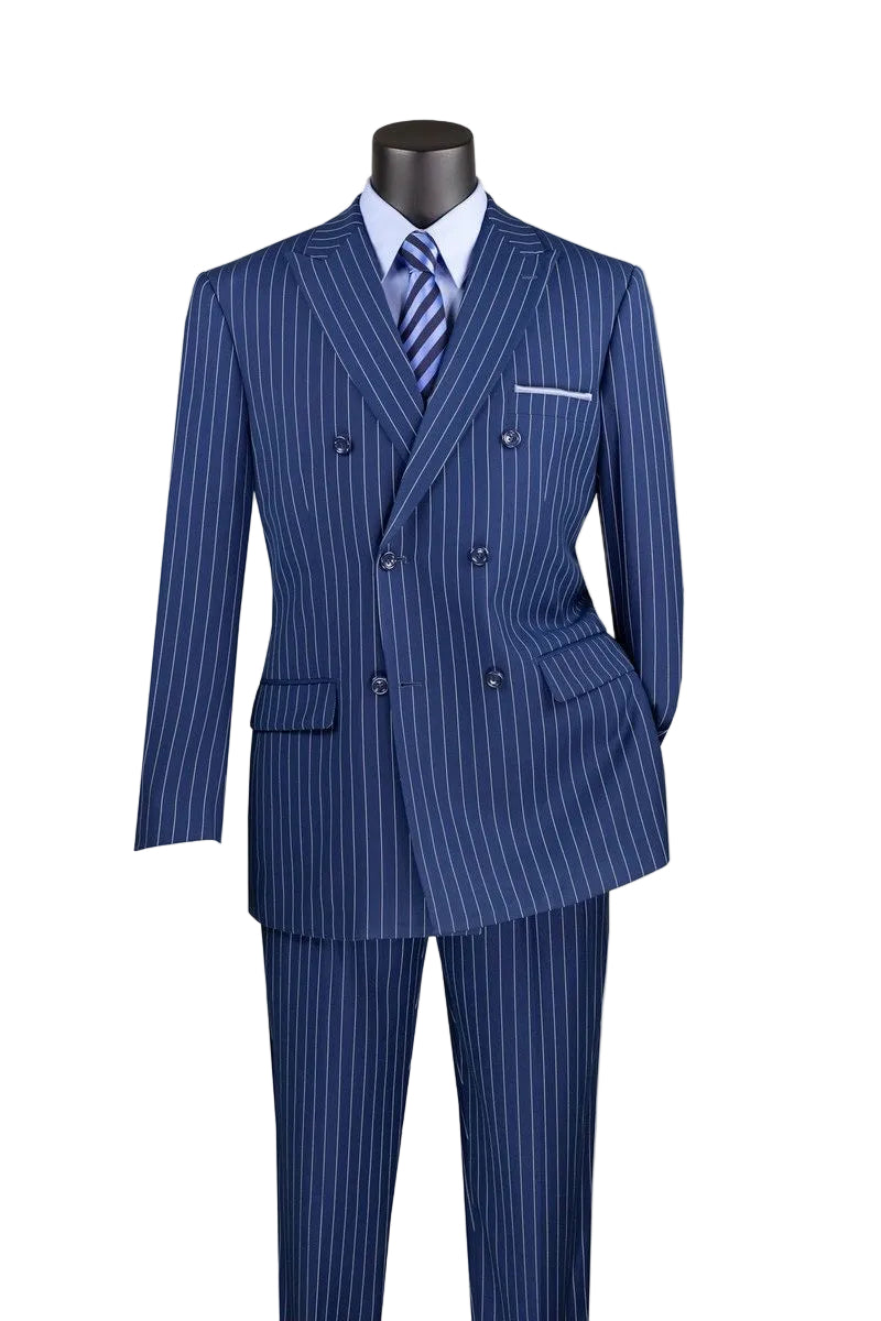 Rockefeller Collection - Double Breasted Stripe Suit Blue Regular Fit 2 Piece with Adjustable Waistband Pants