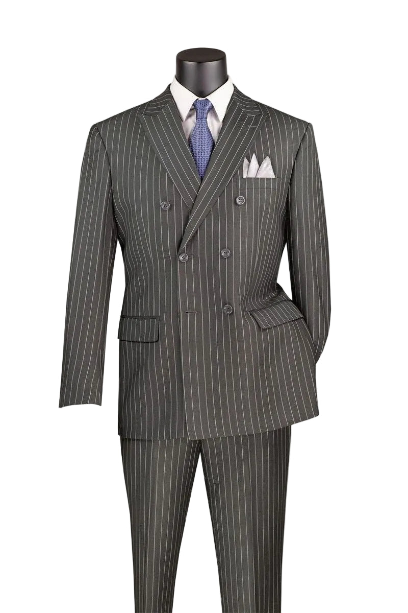 Rockefeller Collection - Double Breasted Stripe Suit Charcoal Regular Fit 2 Piece with Adjustable Waistband Pants