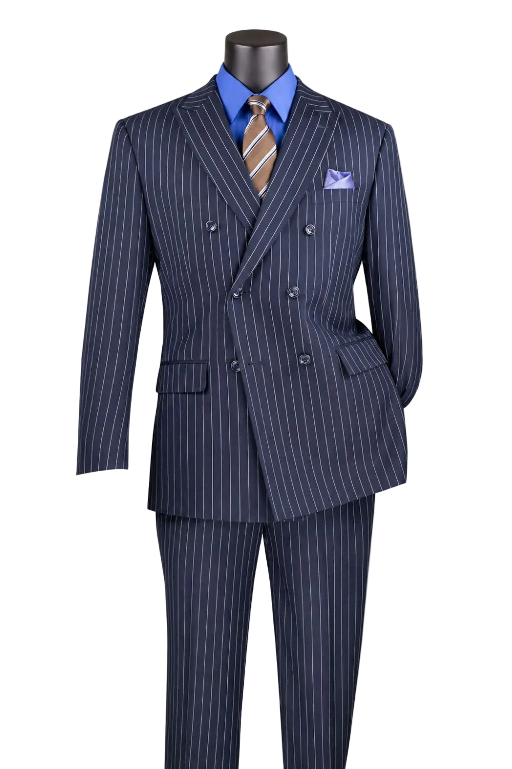Rockefeller Collection - Double Breasted Stripe Suit Navy Regular Fit 2 Piece with Adjustable Waistband Pants