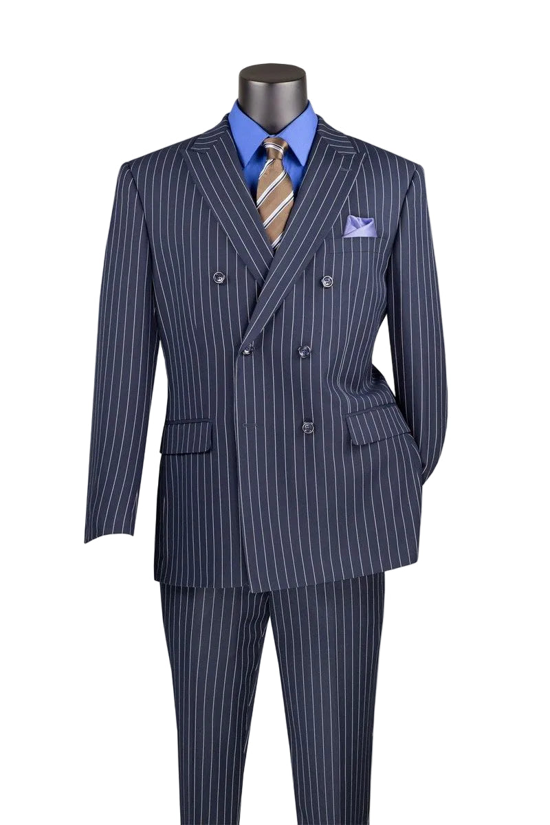 Rockefeller Collection - Double Breasted Stripe Suit Navy Regular Fit 2 Piece with Adjustable Waistband Pants