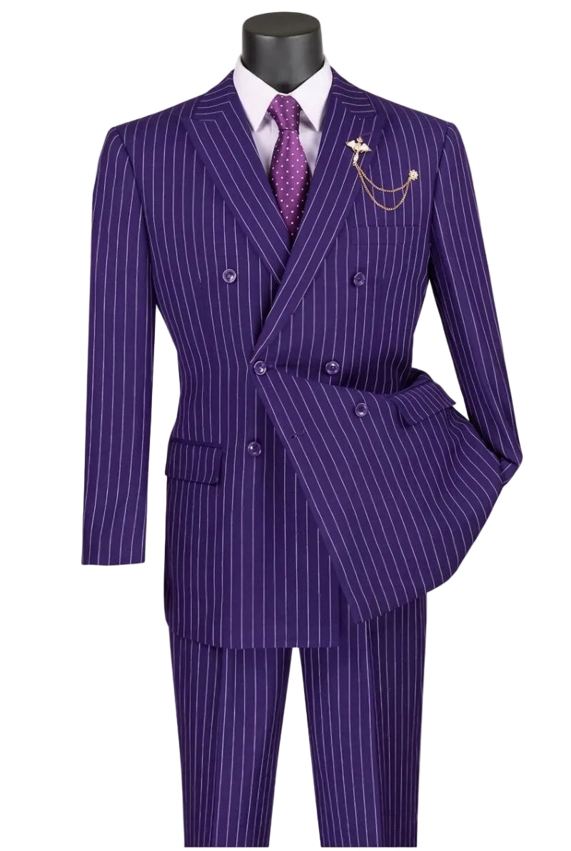 Rockefeller Collection - Double Breasted Stripe Suit Purple Regular Fit 2 Piece with Adjustable Waistband Pants