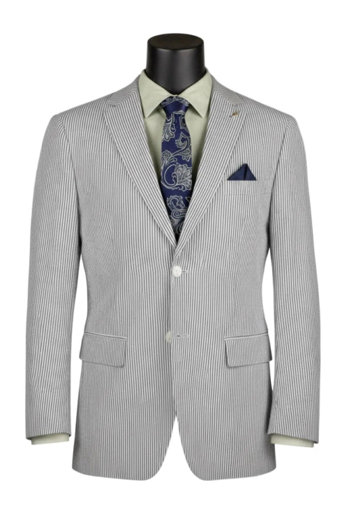 Gray pinstripe suit with a patterned tie and pocket square on a mannequin against a white background