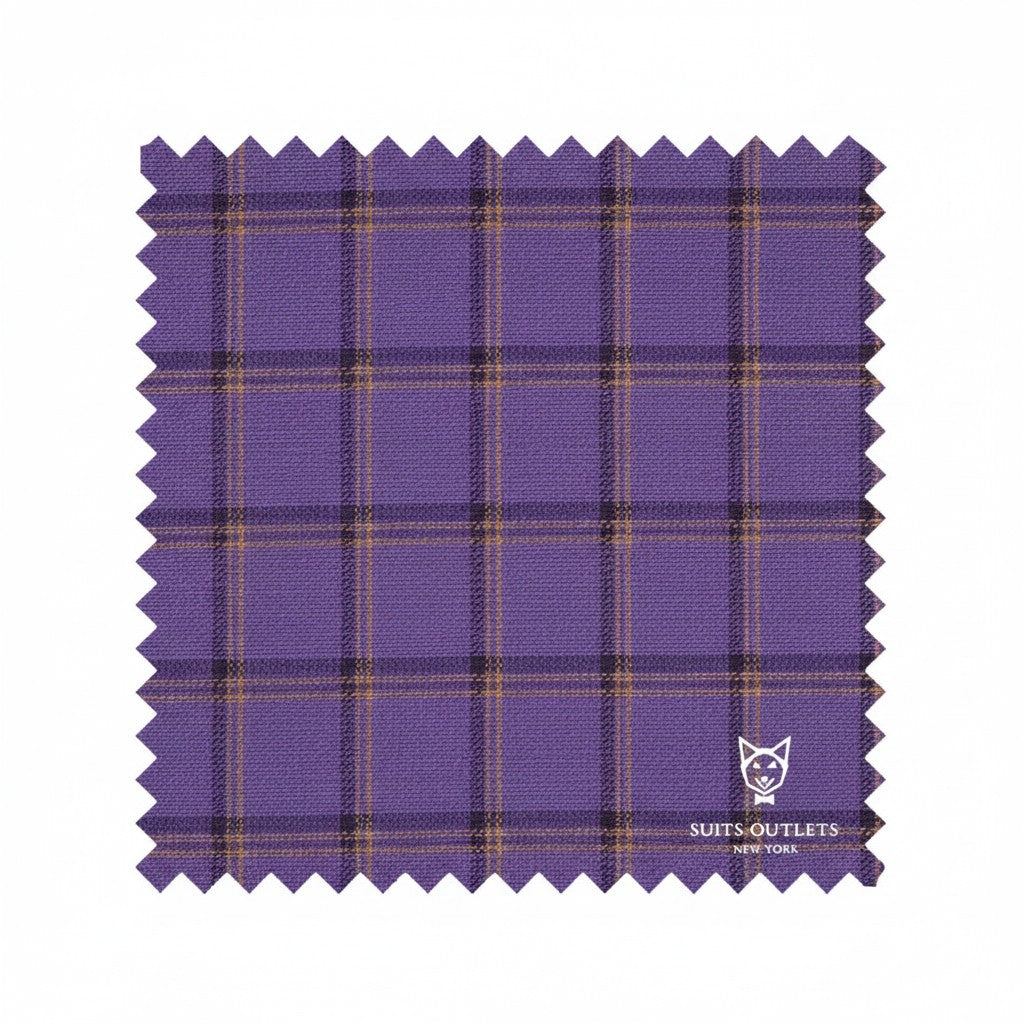Purple plaid fabric swatch with a brand logo on a white background