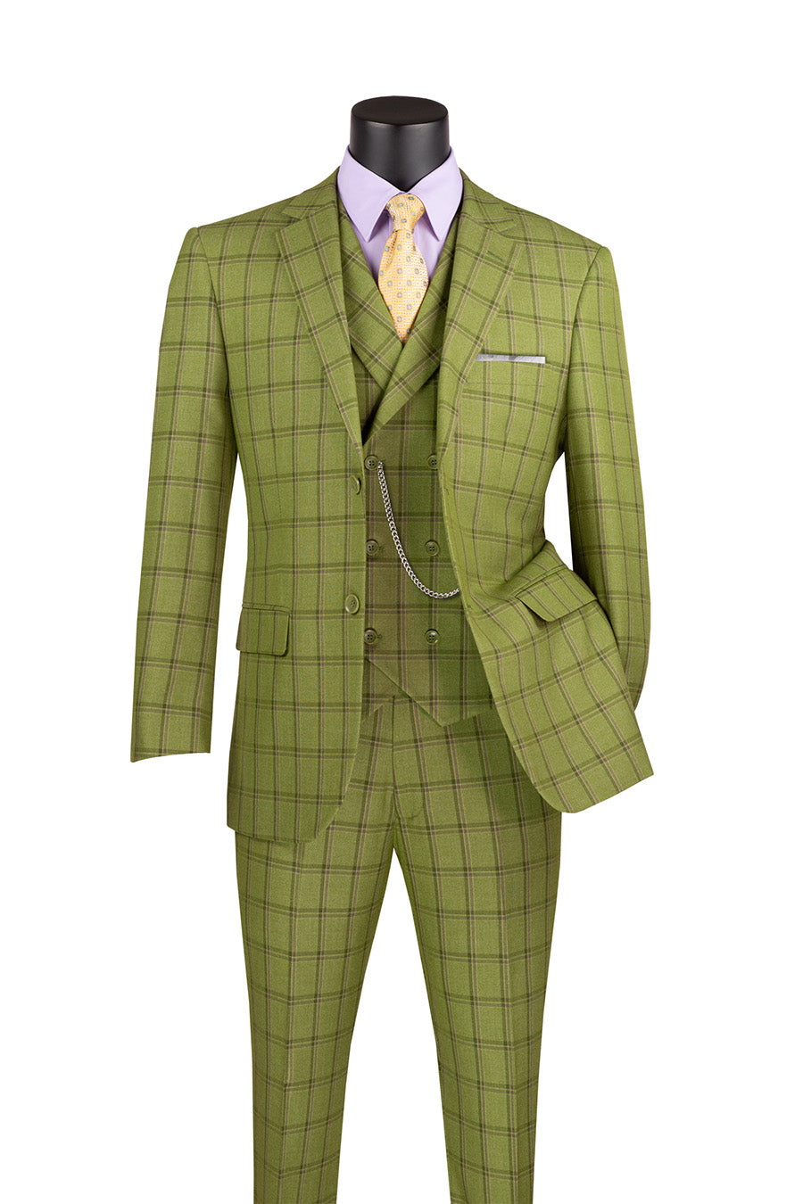 Lazio Collection - Modern Fit Windowpane Suit 3 Piece in Moss Green with Adjustable Waistband Pants