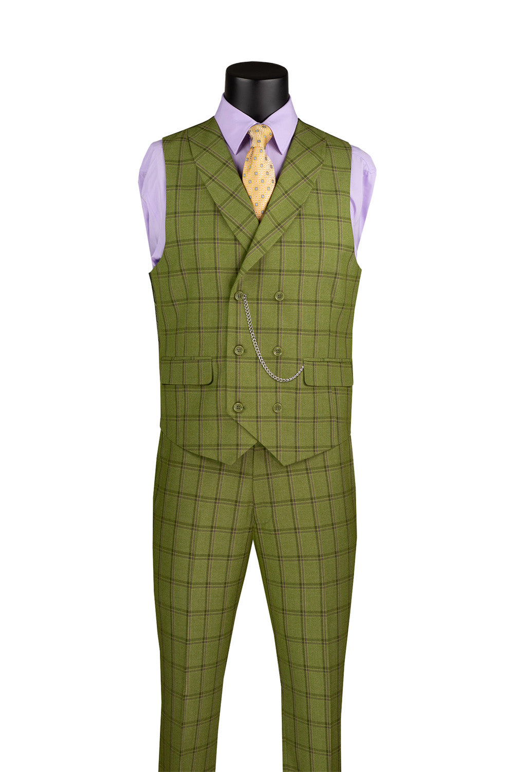 Green checkered suit vest and pants on a mannequin with a white background