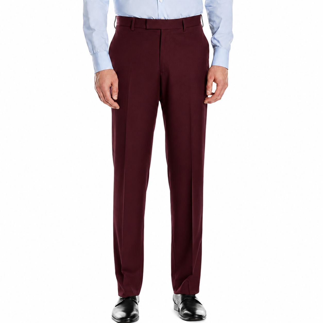 Pantalón de vestir color gris oscuro, pierna regular, parte delantera plana, predobladillo