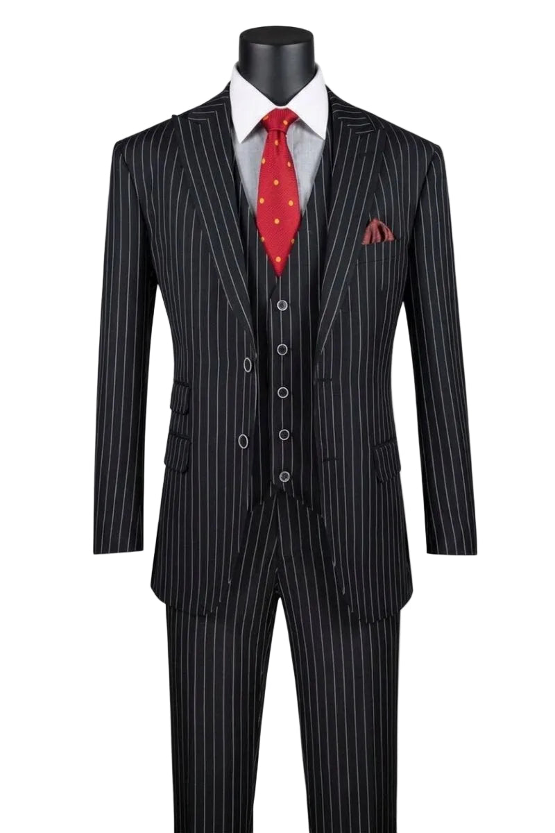Odyssey Collection - Black Regular Fit Bold Stripes 3-Piece Suit With Adjustable Waistband Pants