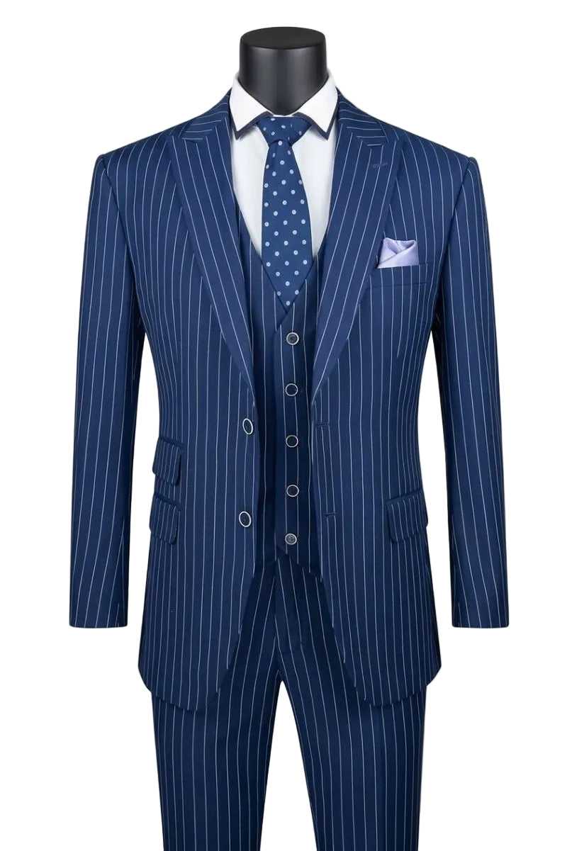 Odyssey Collection - Blue Regular Fit Bold Stripes 3-Piece Suit With Adjustable Waistband Pants