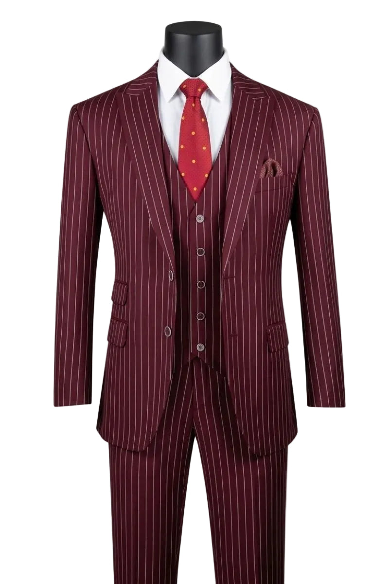 Odyssey Collection - Burgundy Regular Fit Bold Stripes 3-Piece Suit With Adjustable Waistband Pants