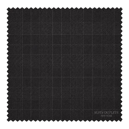 A square fabric swatch with serrated edges showing a dark charcoal gray and black windowpane plaid pattern, with a 'SUFFS OUTLETS NEW YORK' watermark in the bottom right corner.