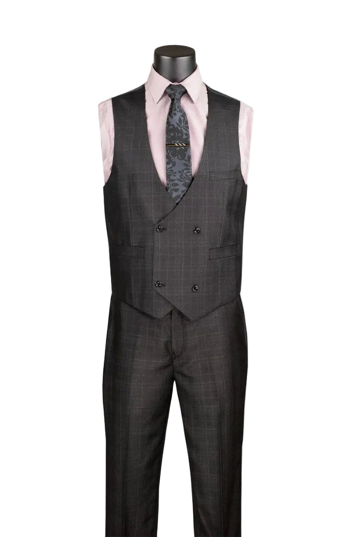 Gray suit vest and pants on a mannequin with a pink shirt and tie against a white background