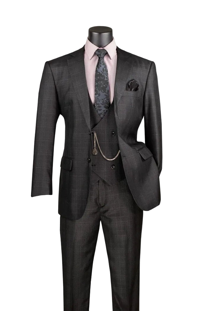 Renaissance Collection - Regular Fit Glen Plaid 3 Piece Suit Black