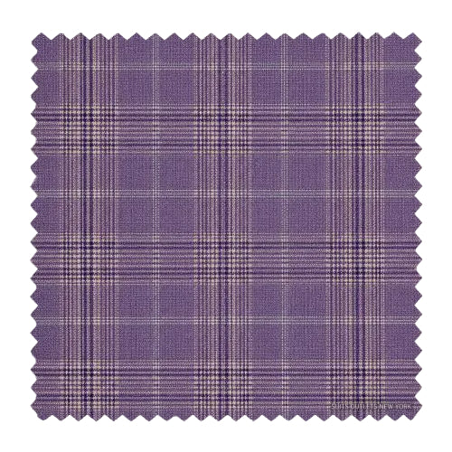 A square fabric swatch with a purple and beige plaid pattern, featuring serrated edges on a plain white background.