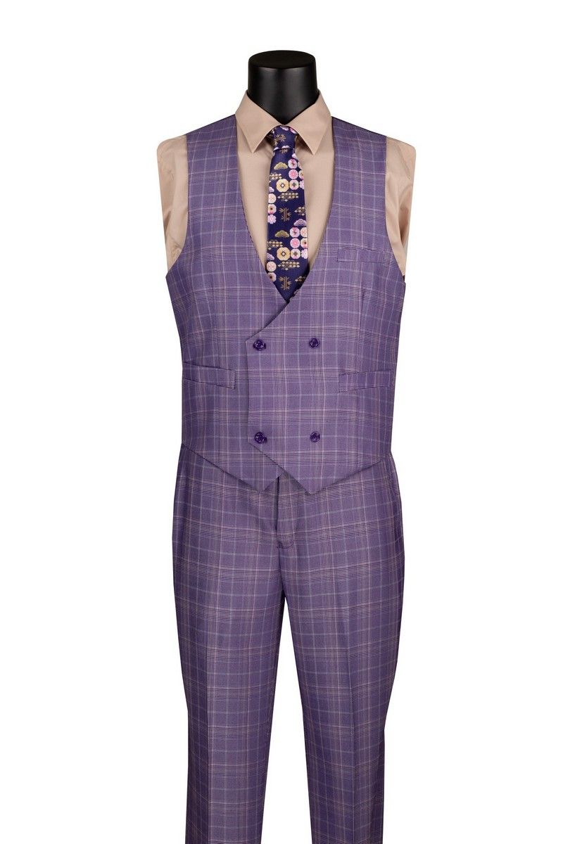 Purple checkered suit on a mannequin with a white background