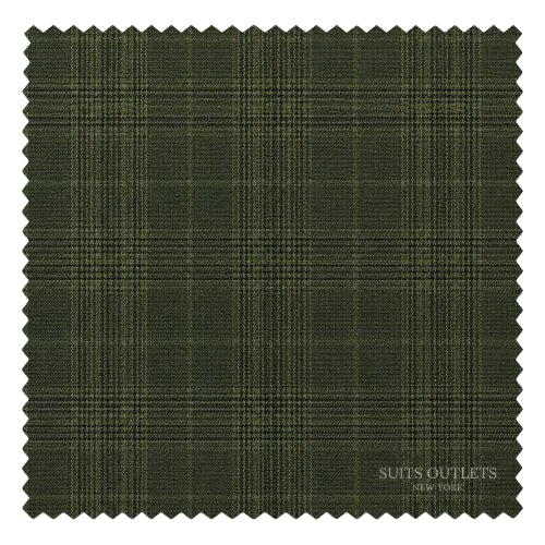 A square fabric swatch with serrated edges showing a dark olive green and black plaid pattern, with 'SUITS OUTLETS NEW YORK' printed in the lower right corner.