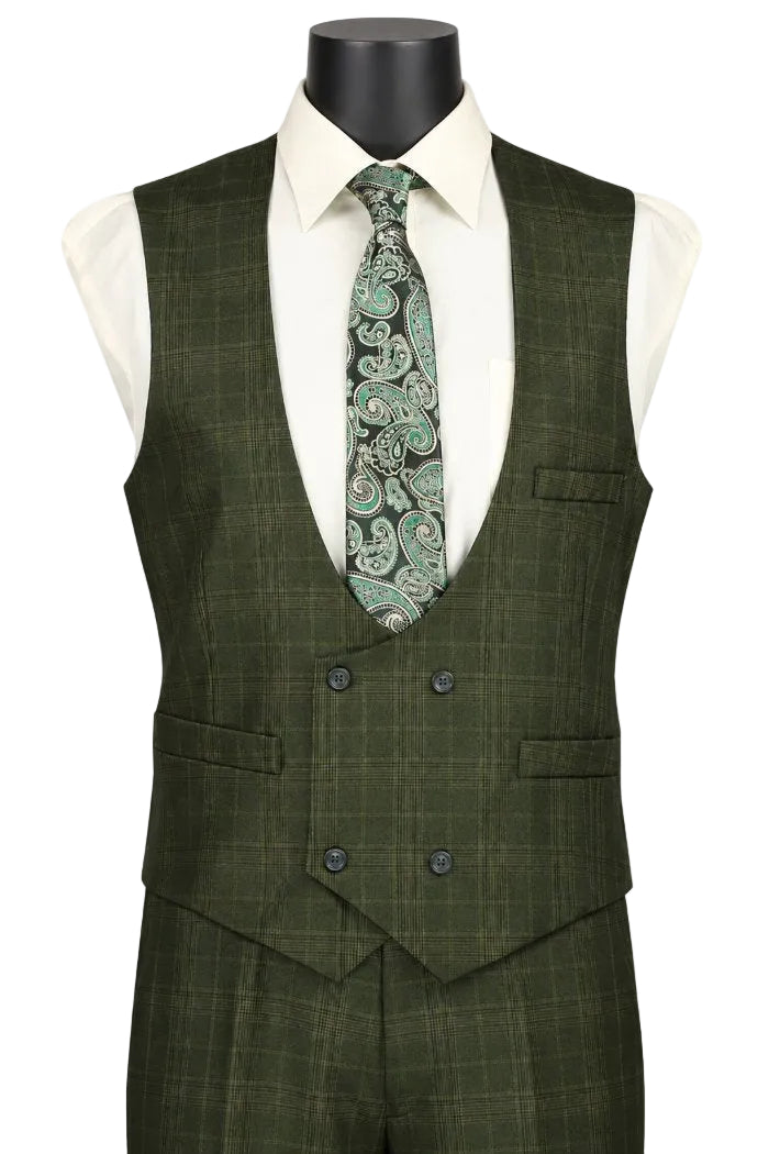 An olive green plaid men's suit vest displayed on a mannequin torso, styled with a white dress shirt and a green paisley patterned tie.