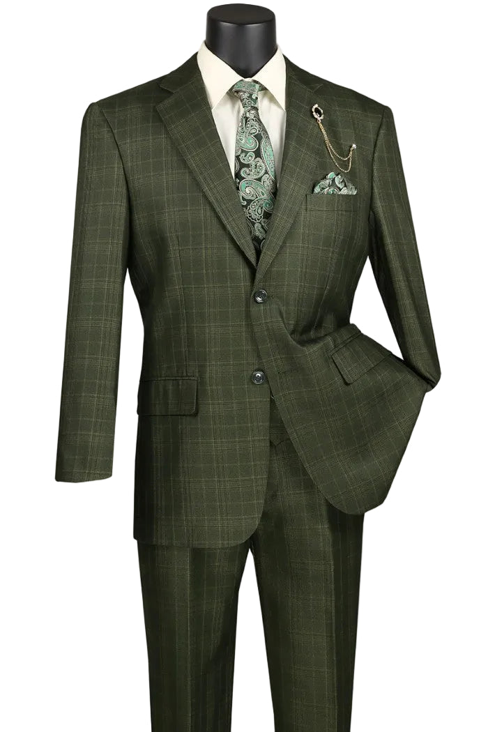 Renaissance Collection - Regular Fit Glen Plaid 3 Piece Suit Olive