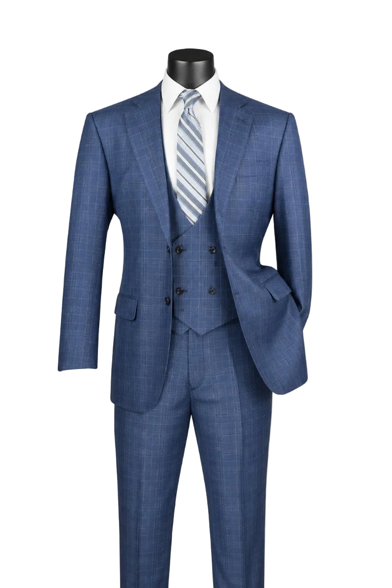 Renaissance Collection - Regular Fit Glen Plaid 3 Piece Suit Oxford Blue