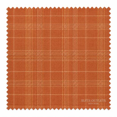 A square fabric swatch with a warm rust-orange plaid pattern and serrated edges, shown on a plain white background. The text 'SUITS OUTLETS NEW YORK' is printed in the lower right corner.