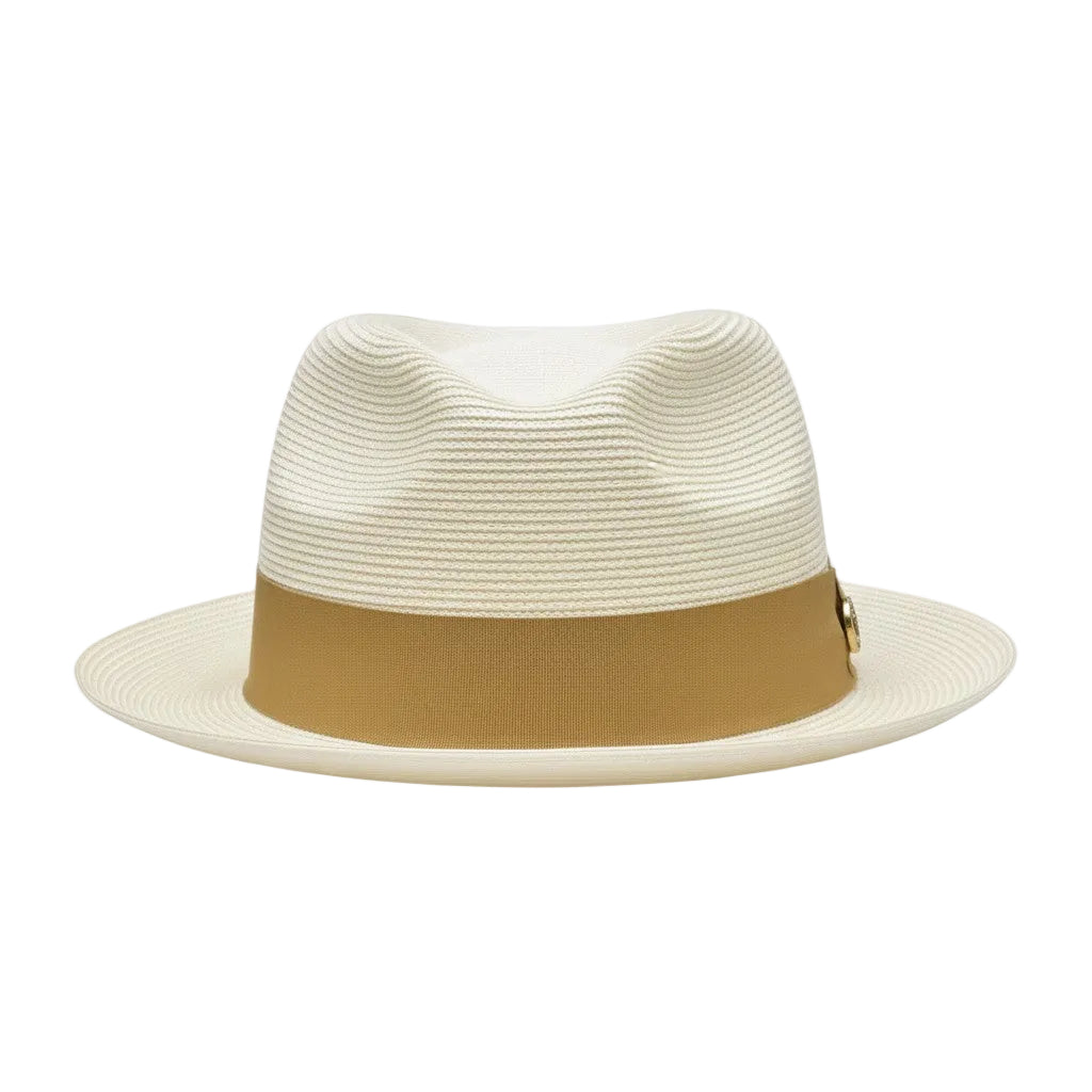 Ivory Braided hat with a brown band on a white background