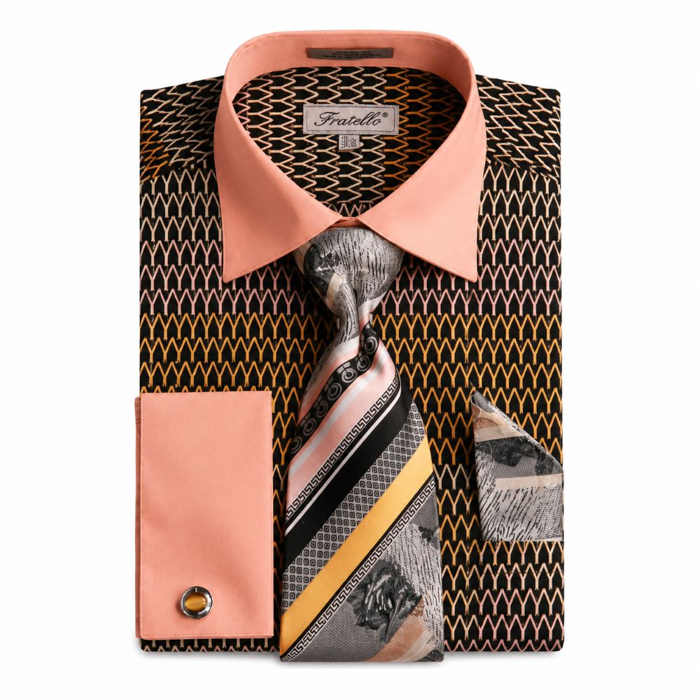 Black and gold men's French cuff tone-on-tone shirt set with tie and pocket square