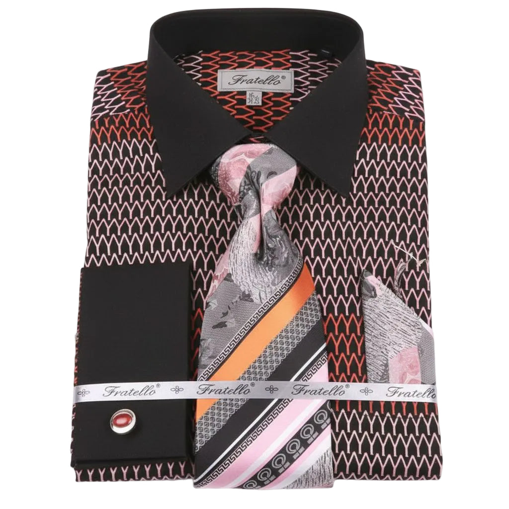 French Cuff Printed Tone on Tone Shirt in Black/Orange with Tie, Cuff Links, and Pocket Square