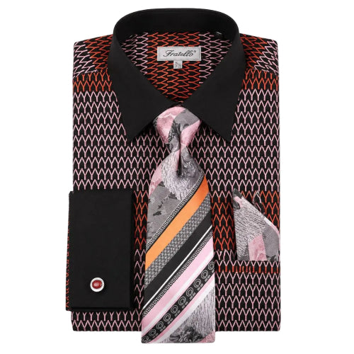 Black and orange French cuff tone-on-tone shirt set with tie, cuff links and pocket square