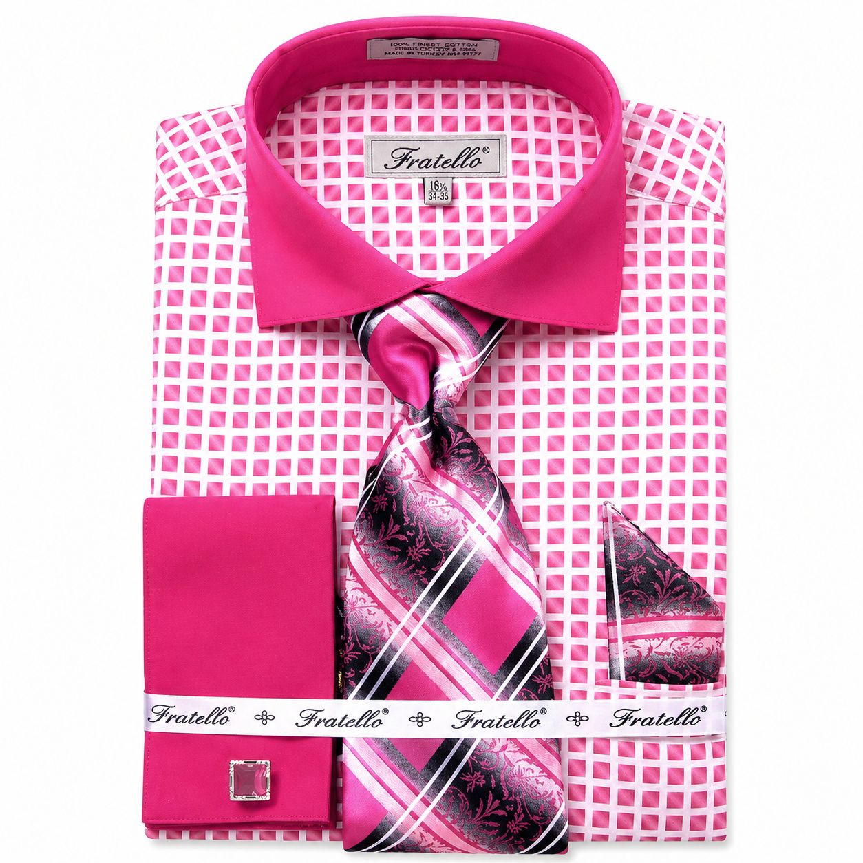 French Cuff Checker Pattern Cotton Shirt in Fuchsia
