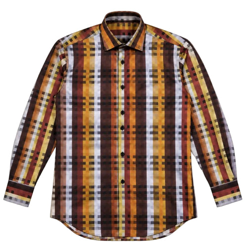 Dress Shirt Regular Fit Designer Check Pattern In Brown