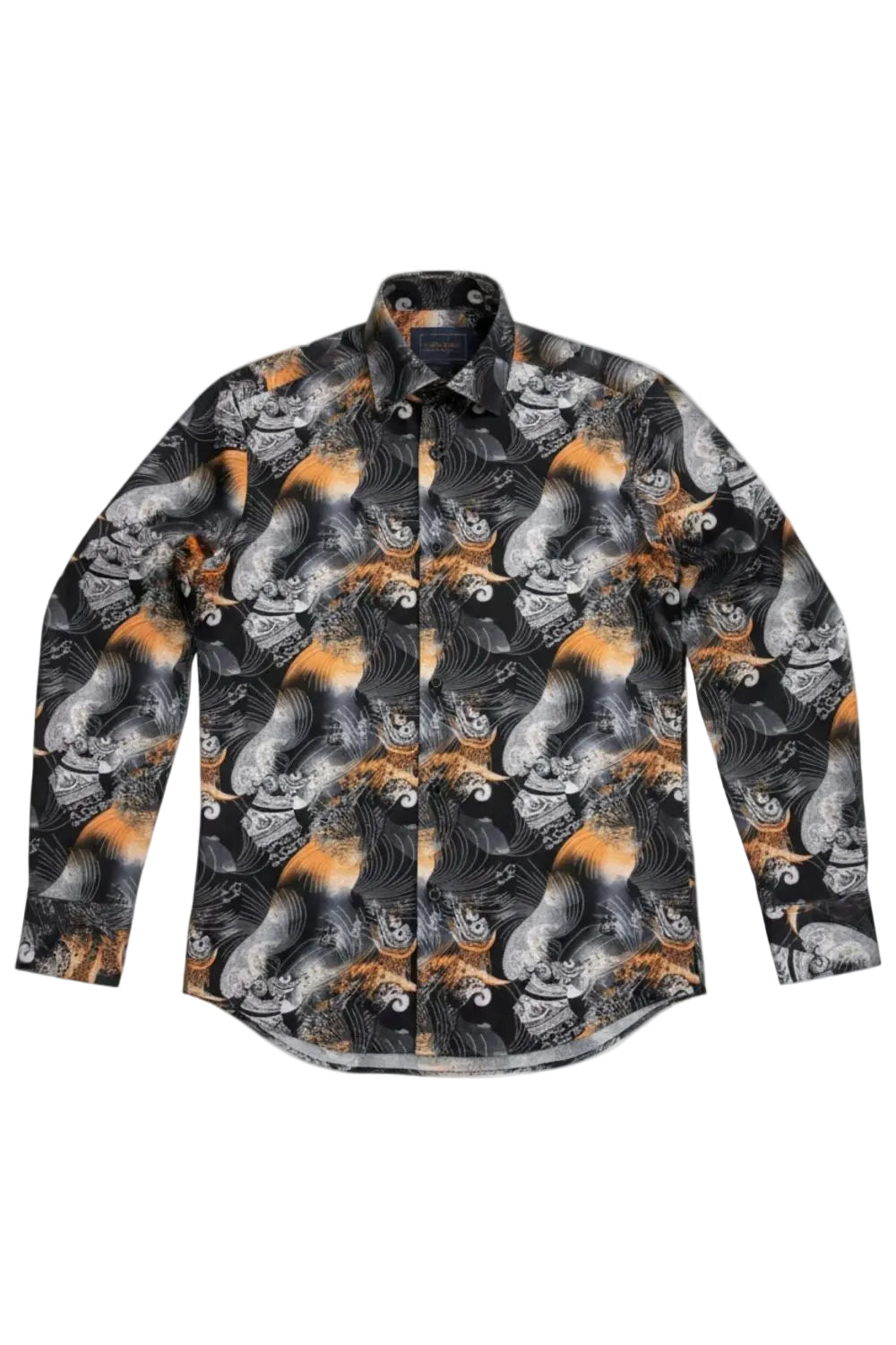 Dress Shirt Regular Fit Ukiyo-e Inspired Style Pattern In Black/Orange