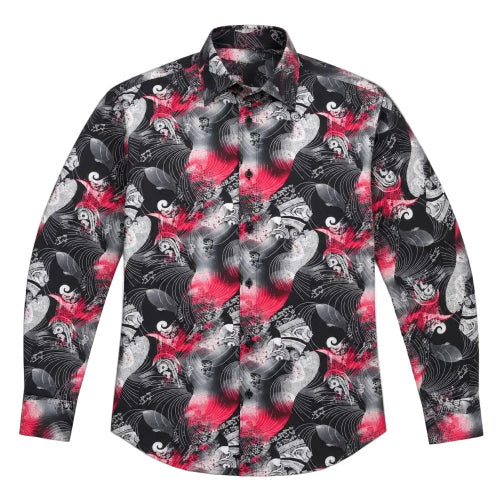 Dress Shirt Regular Fit Ukiyo-e Inspired Style Pattern In Black/Red