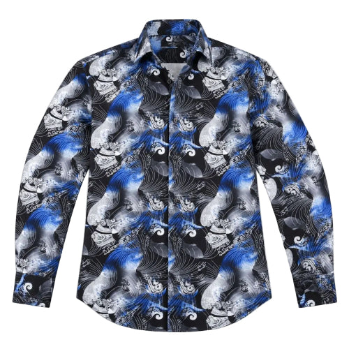 Dress Shirt Regular Fit Ukiyo-e Inspired Style Pattern In Black/Royal Blue